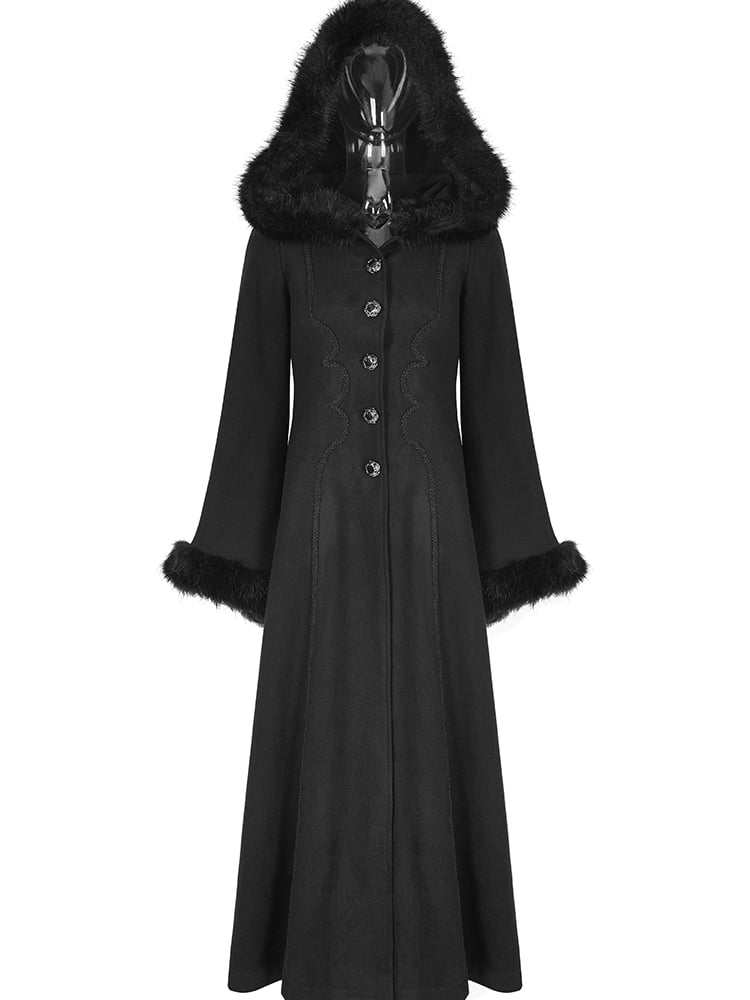 Black Gothic Long Disc Worsted Coat Flowers