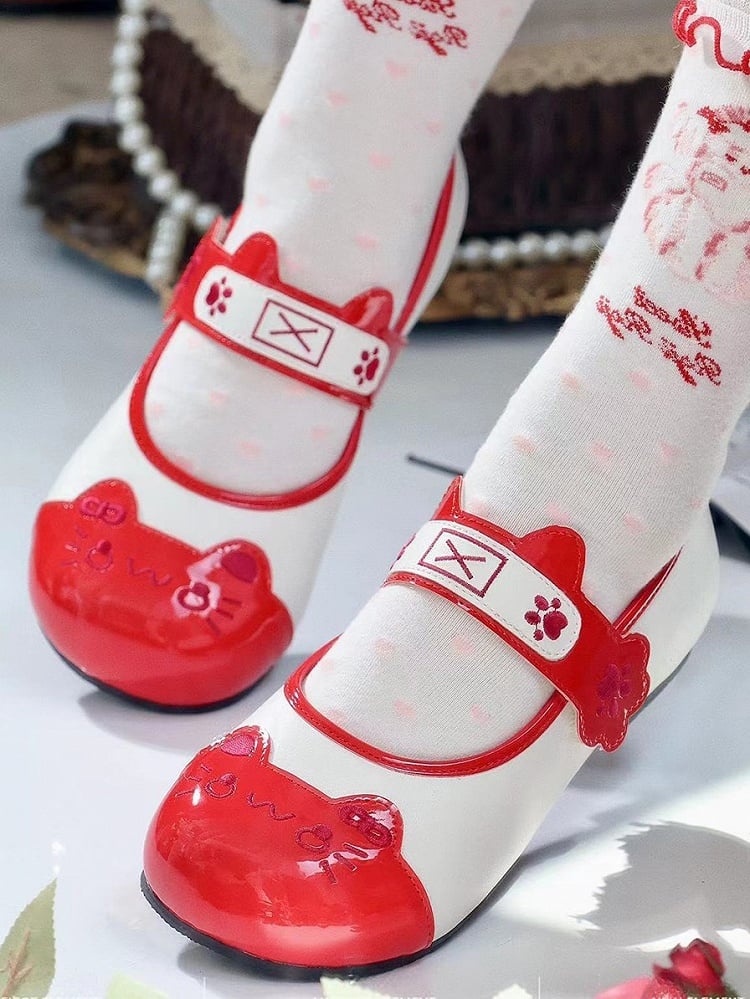 with Lolita Cat Toe Velcro Round Paw Design Ear Stitching Sweet Red Flats