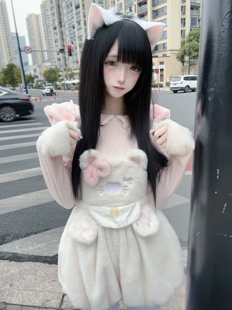 Detachable Hood White Ear with Decor Kitty Hoodie Overall Bubble Plush Shorts