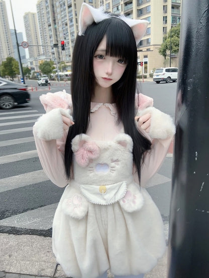 Detachable Hood White Ear with Decor Kitty Hoodie Overall Bubble Plush Shorts