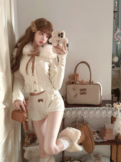 Brown Detail Lace-Trimmed With Shorts Knit Pocket Fleece Bow White