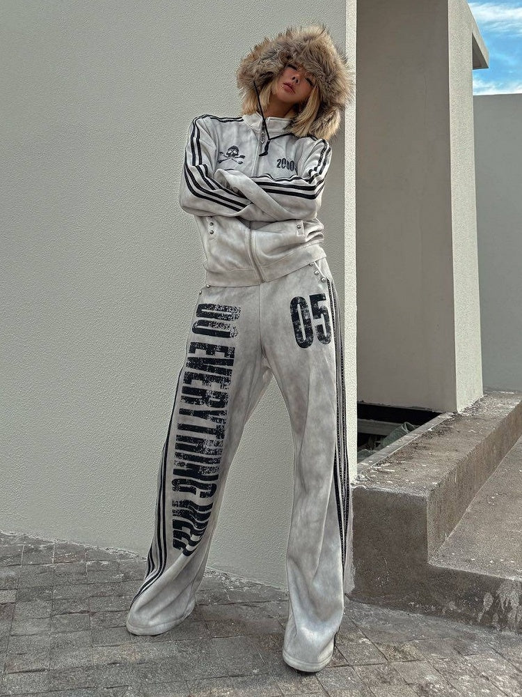 Washed Grey Double Waistband Loose Sweatpants Letter Print - DETW OnLine