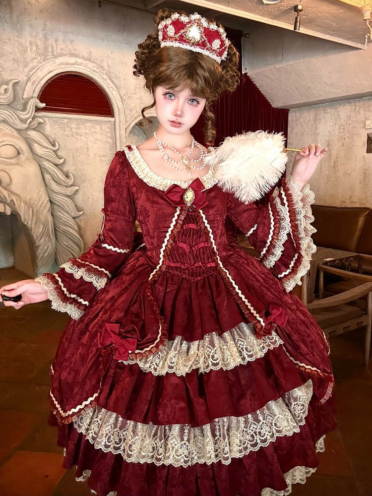 Elegant Wine Red Hime Dress with Bell Sleeves, Bowknots & Layered Skirt - Strawberry Cocoa Lolita