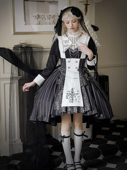 Chain+Pocket Chain+Detachable Collar Watch Embroidery+Waist Cross White Set Full Dress Striped with Nun Lolita Belt+Waist Black