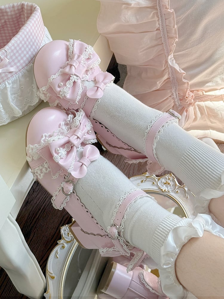 Hem Bow Scalloped Accents Shoes with Low-heel Lolita Pink Sweet
