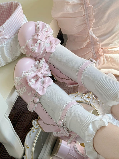 Hem Bow Scalloped Accents Shoes with Low-heel Lolita Pink Sweet