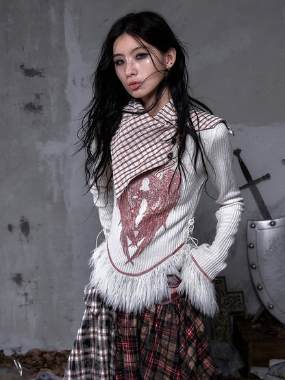 Shawl Vintage Red Print Christmas Plaid Knit Punk Top White Collar Wing with