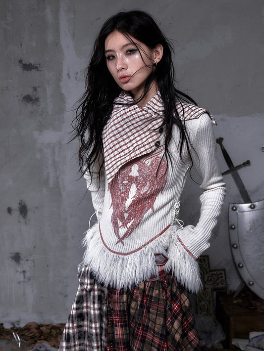 Shawl Vintage Red Print Christmas Plaid Knit Punk Top White Collar Wing with