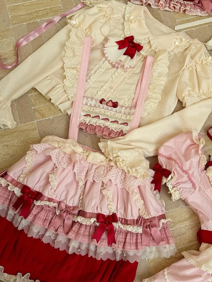Strawberry Bodice Embroidery Cake Skirt Overall Hem and Pink Sweet Cupcake Lolita Red