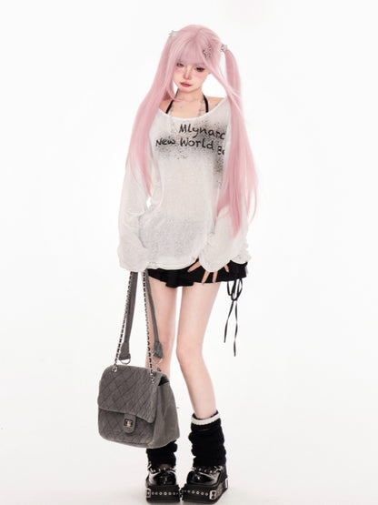 ホワイトレタープリントのカバーアップ セミシースルーネックライン アシンメトリー