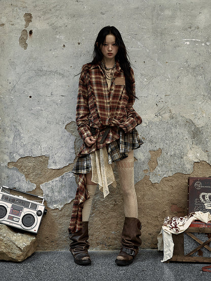 Punk Cotton-linen Red-brown Handcrafted Plaid Tie-dye Shirt