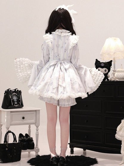 Jirai Kei Light Blue Printed Maid Ensemble - Tiered Bell Sleeve Dress with Detachable Apron & Matching Shorts