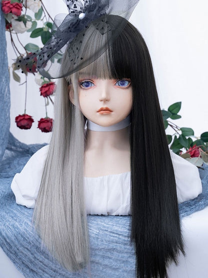 Silver&Black Split Color Long Straight Synthetic Wig With Bangs