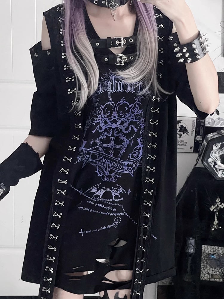 Cross Short Straps with Sleeve Drop Print Black Lace Shoudler Gothic Trimmed Blue T-shirt