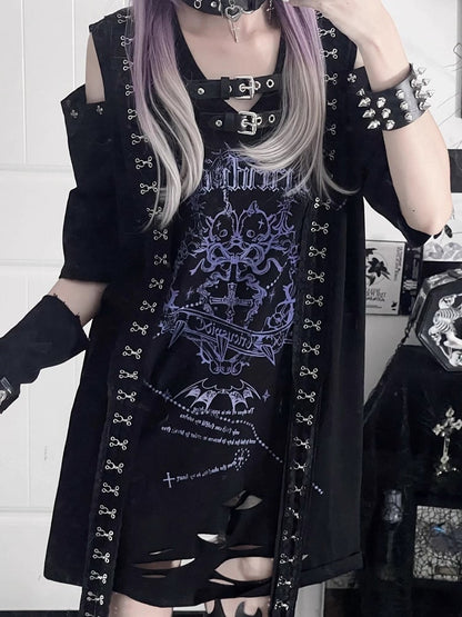 Cross Short Straps with Sleeve Drop Print Black Lace Shoudler Gothic Trimmed Blue T-shirt