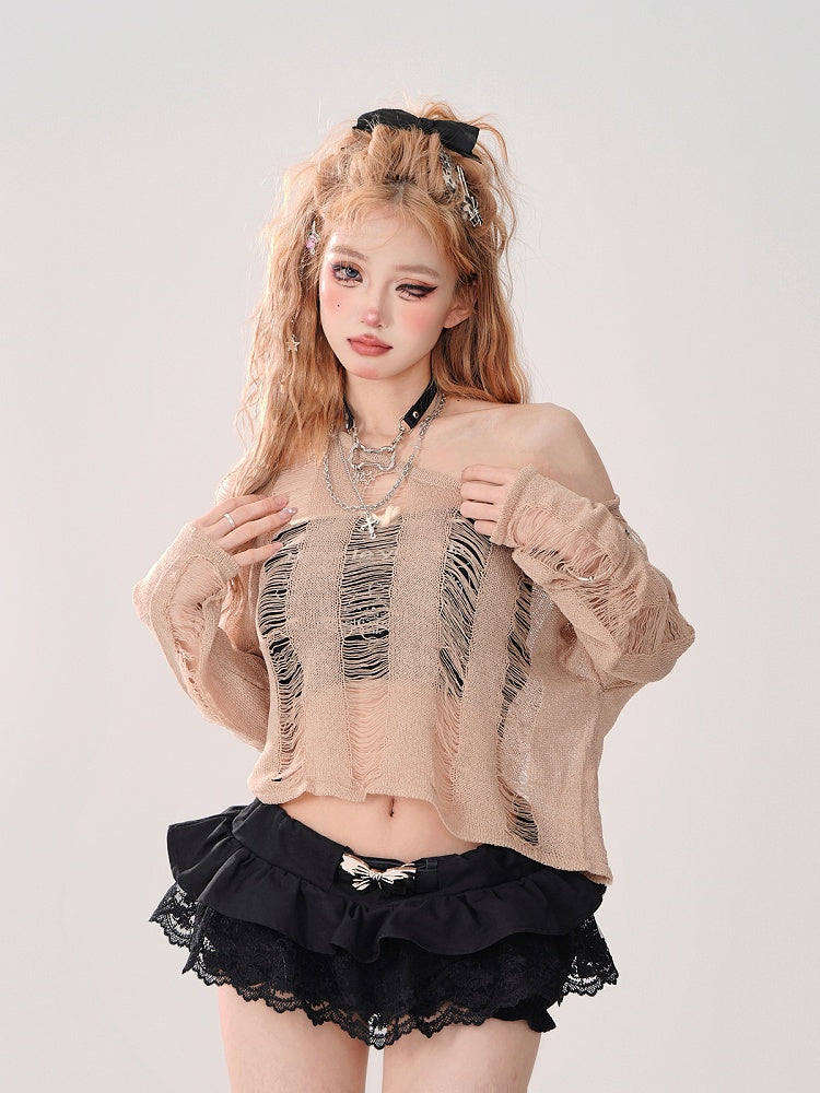 Artful Neckline Top: Cropped Design Brown Distressed Asymmetrical with Knit