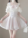 Top with Off-the-shoulder Jirai Kei Apricot Neckline and Pink Lace Trim