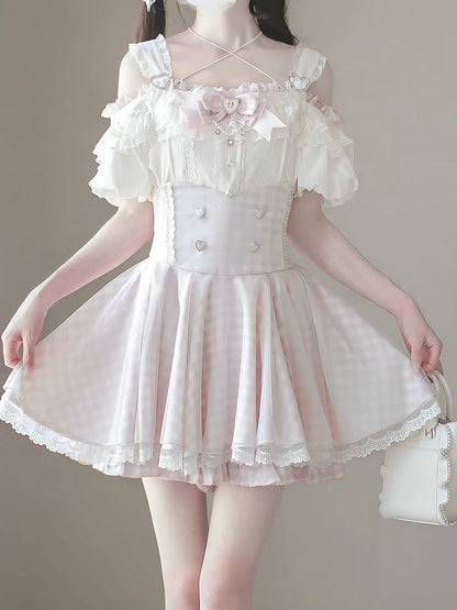 Top with Off-the-shoulder Jirai Kei Apricot Neckline and Pink Lace Trim