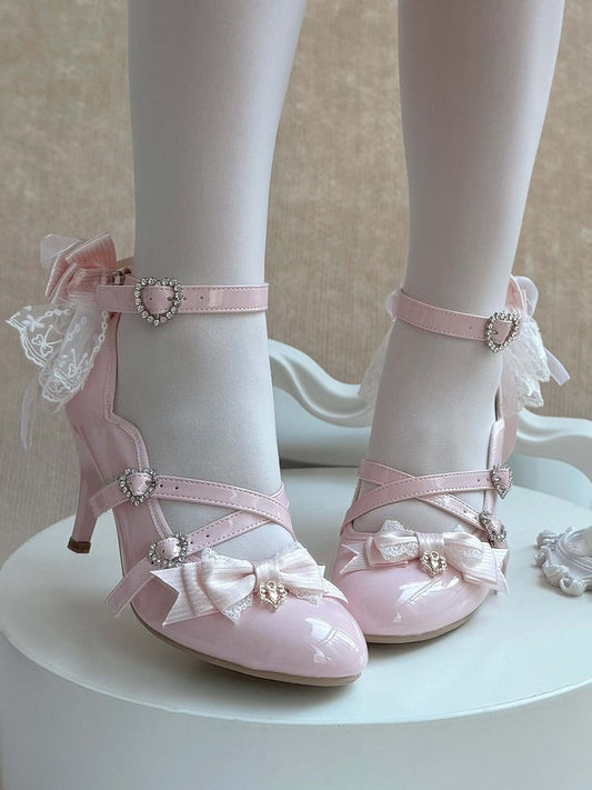 Leichte, elegante Lolita-Absätze aus Leder mit rosa Schleifen aus PU