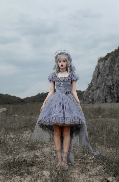 Gray Dragon Bone Embroidery High-low Skirt Dress Gothic Lolita OP with Cathedral Embroidery Overlay