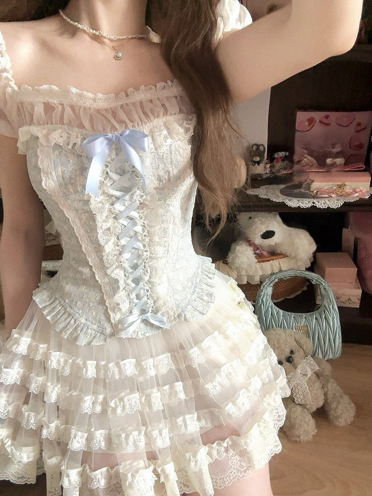 Rüschenärmel Blau Korsett Saum Peplum Puff Top Faux Zweiteiler Mit