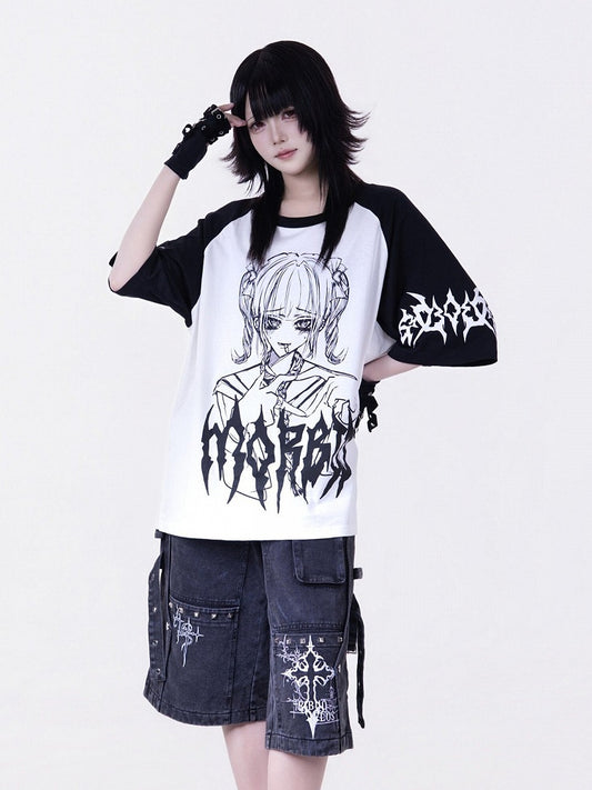 Dark Otaku Black Anime Girl Print Short Sleeve T-Shirt - Tribuo Flos