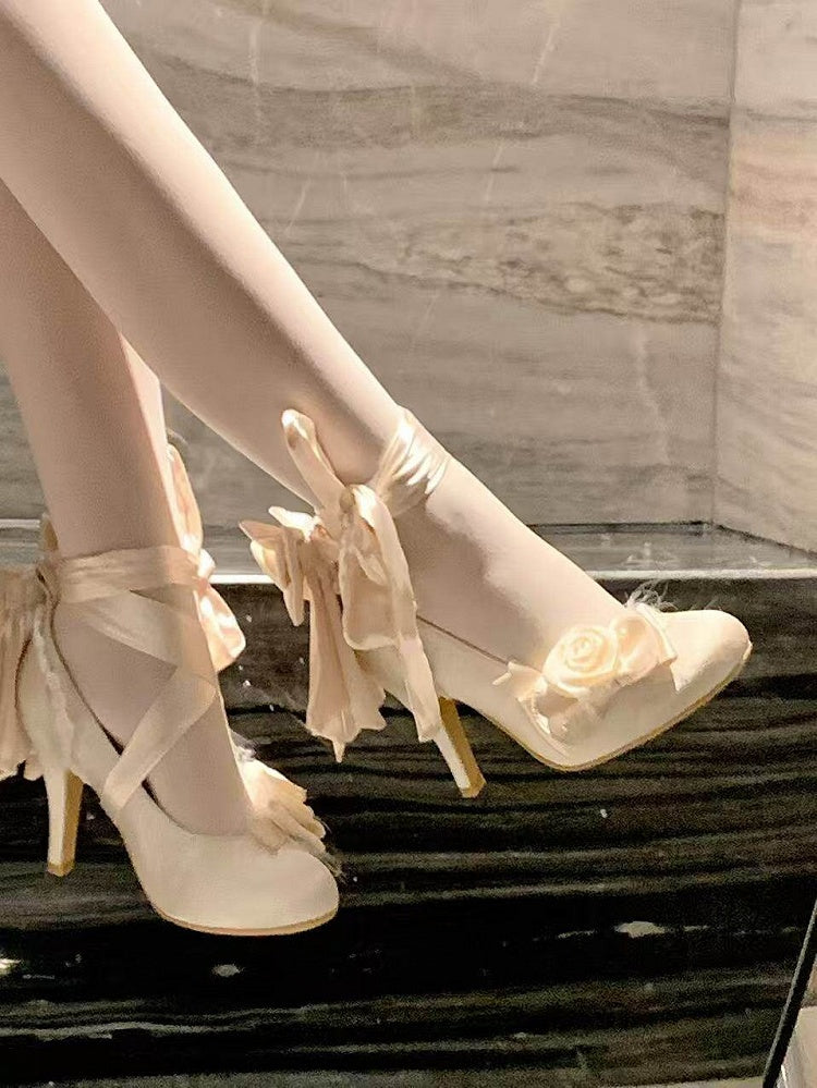 Champagne Rose Theme Lolita Shoes with Lace-up Design - 9.5cm High Heel - Cheese Mango
