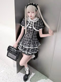 Black White Jirai Kei Plaid Fake Two-Piece Dress with Shorts Set - Puppet Bombs