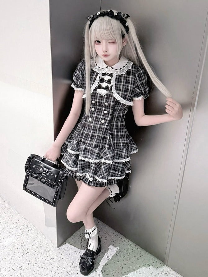Black White Jirai Kei Plaid Fake Two-Piece Dress with Shorts Set - Puppet Bombs