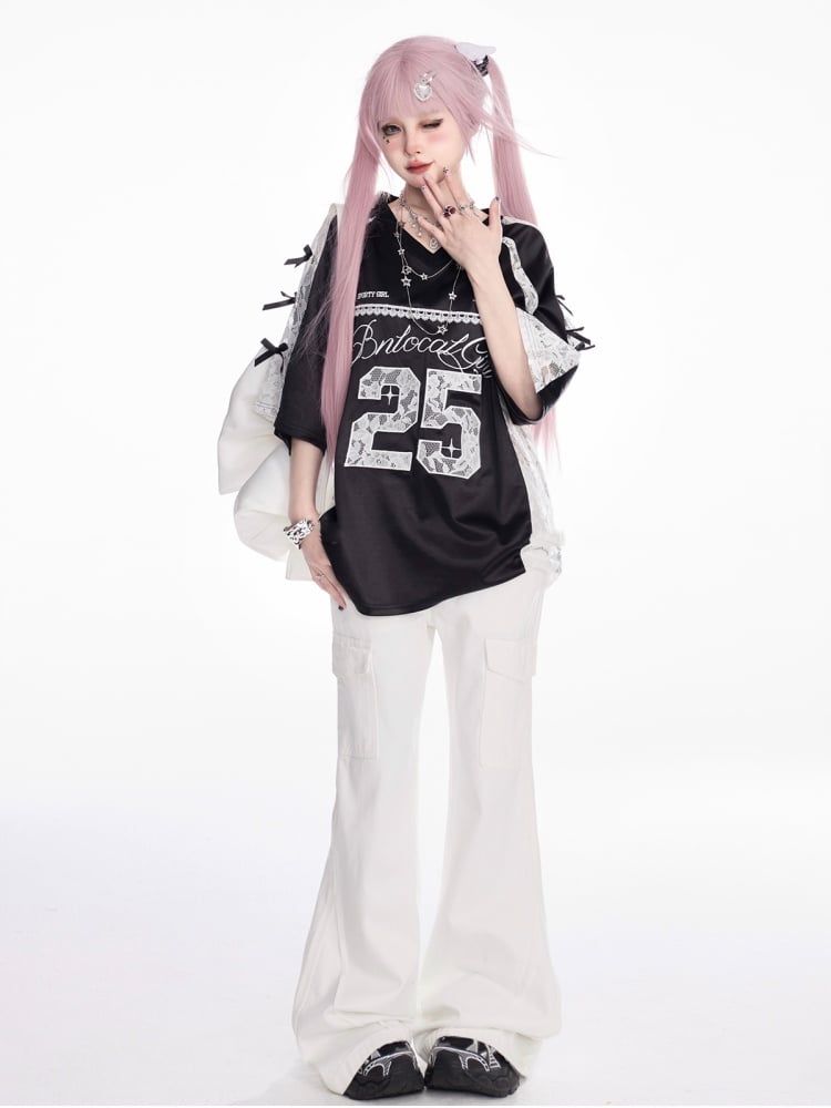 Patches Kontrast Spitze T-Shirt Applikation V-Ausschnitt Satin Schwarz/Silber Nummer