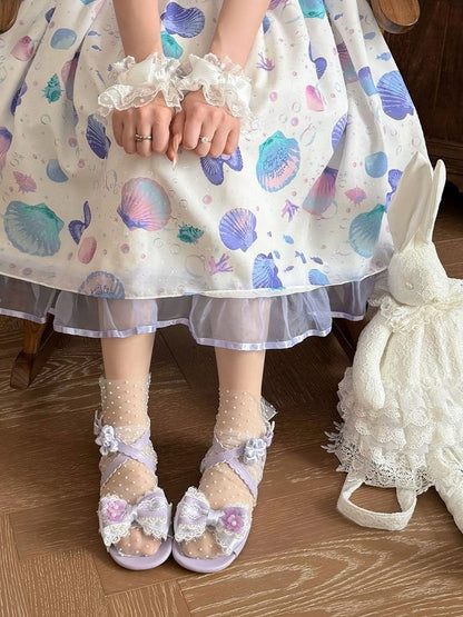 Lilac Bow Flower Lace Trim Lolita Sandals with Buckle - Sheep Puff