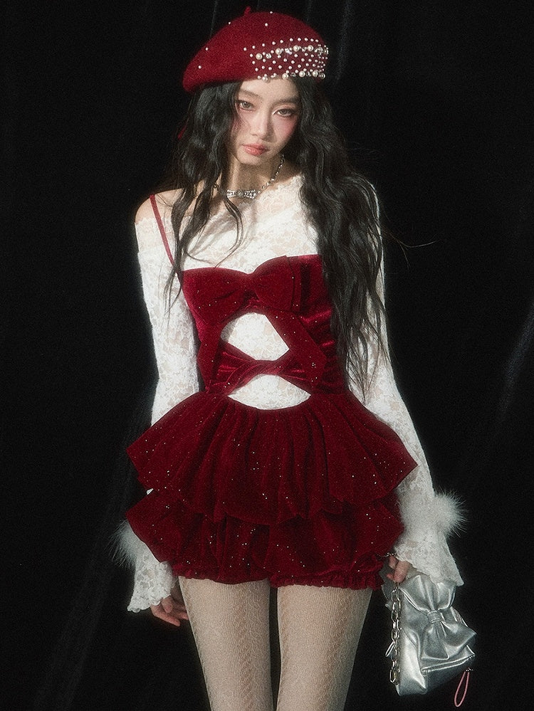 Christmas Red Cutout Detail Tiered Bubble Skirt Dress with Free Undies