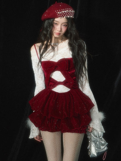 Christmas Red Cutout Detail Tiered Bubble Skirt Dress with Free Undies