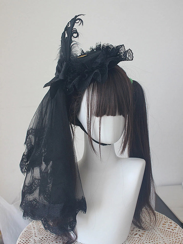 Hat with Black / Veil Mini Lolita White Flat