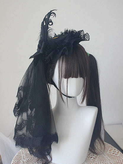 Hat with Black / Veil Mini Lolita White Flat