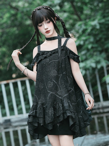 Gothic Black Off-Shoulder Cami Sea Lily Ruffle - Quirky Hut