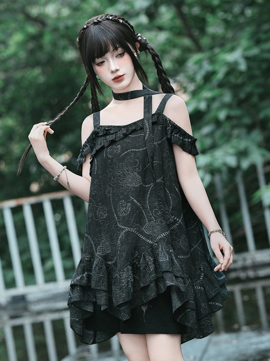 Gothic Black Off-Shoulder Cami Sea Lily Ruffle - Quirky Hut