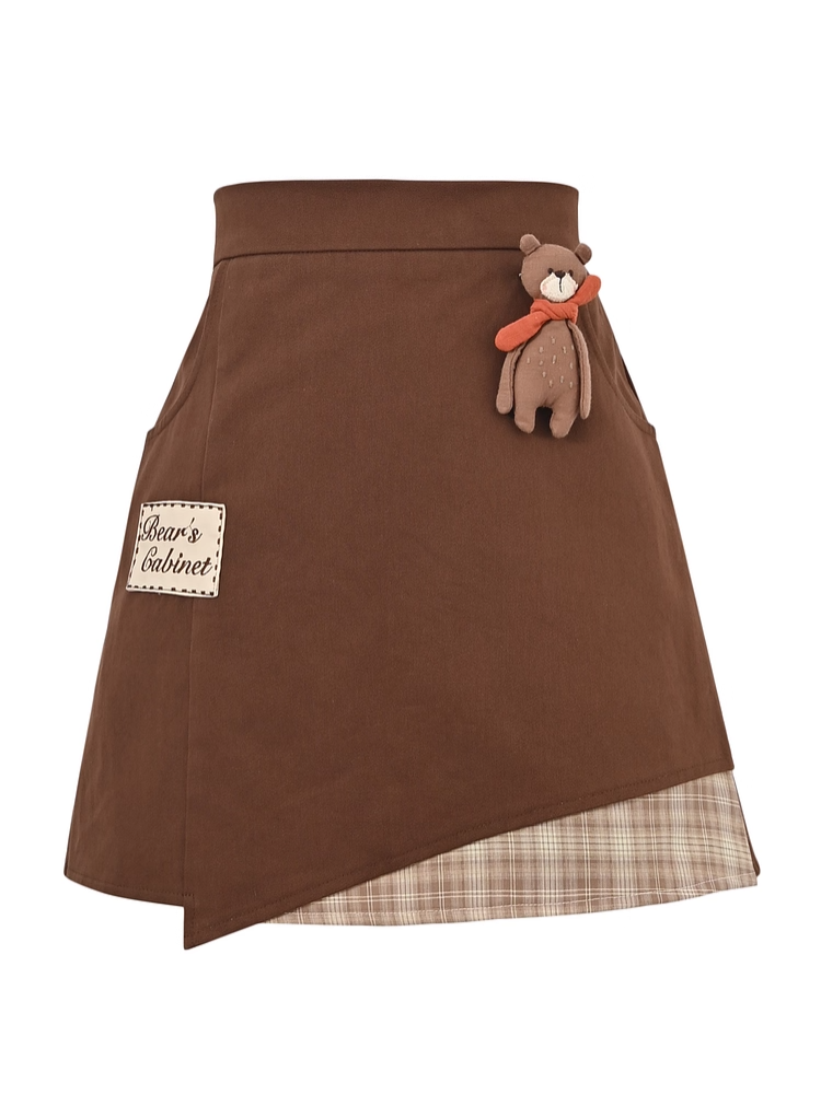 Plushie Brown Letter Embroidery Applique Plaid Skirt with Hem Bear
