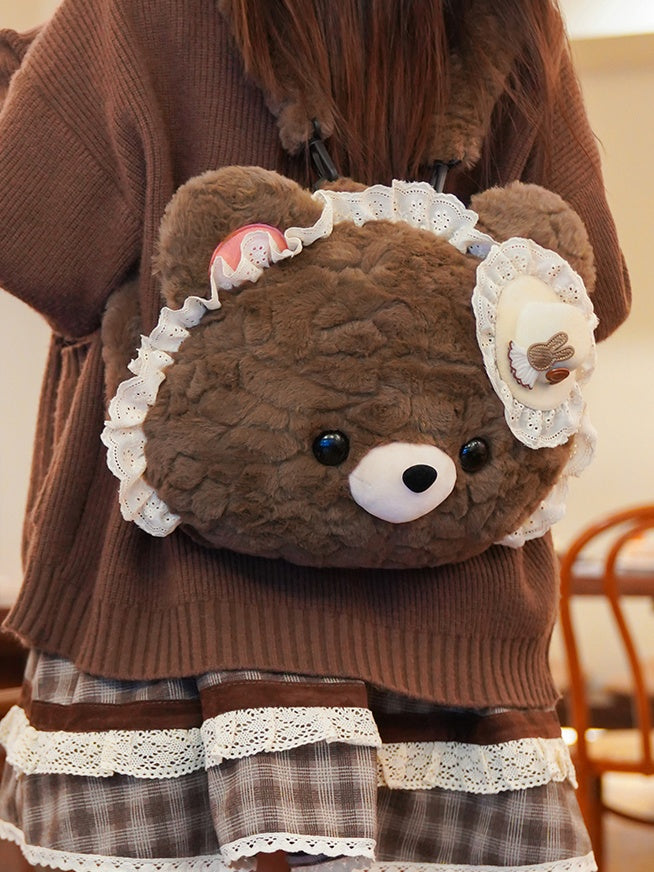 Brown Bear Shaped Lace Plush Backpack