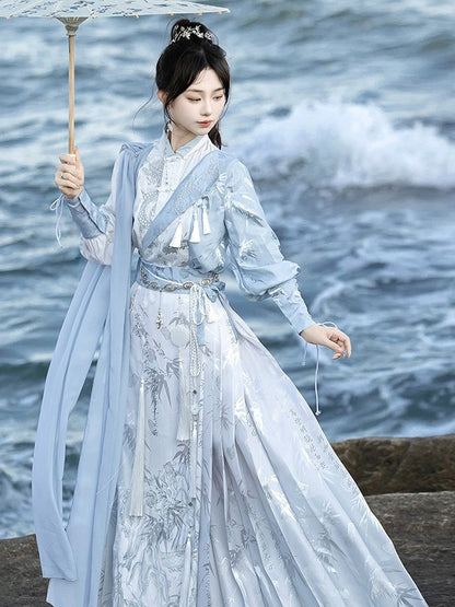 Asymmetrical Neckline Shirt with One-Side Draped Shawl Chinese Style - Han Ru Chu Hanfu &amp; Han-Element Studi