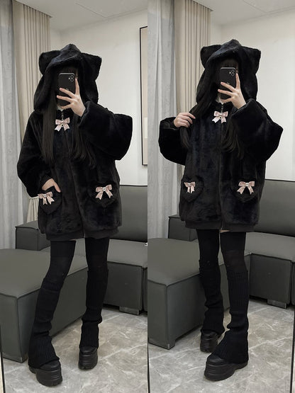 12 Kitty-Ear Jacket Bows Detachable Hooded with Pompom Jirai Available Colors Plush Kei