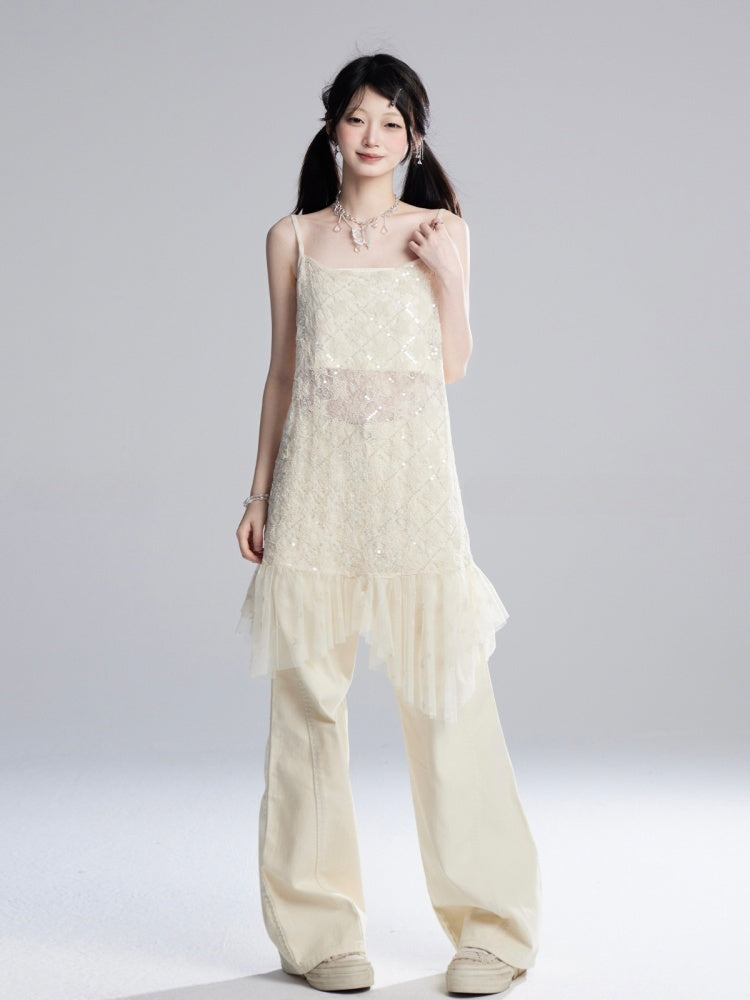 Aprikosenfarbene, bodenlange Hose mit weitem Bein und niedriger Taille