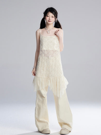 Aprikosenfarbene, bodenlange Hose mit weitem Bein und niedriger Taille