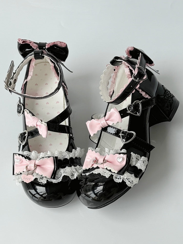 - Black PU Sweet Lolita with Details Leather Bow Janes Mary