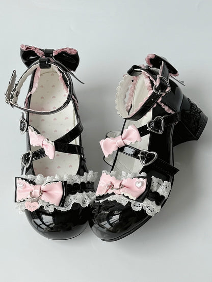 - Black PU Sweet Lolita with Details Leather Bow Janes Mary