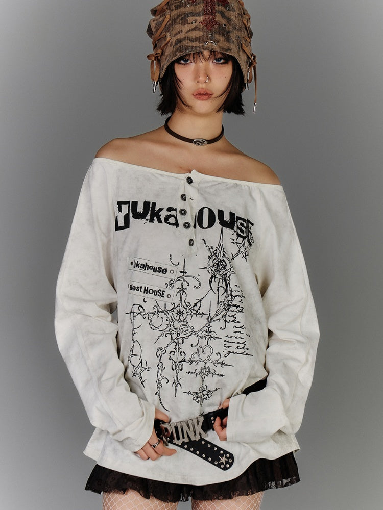 Apricot Off-the-shoulder Graphic Cotton Top Distressed Neckline