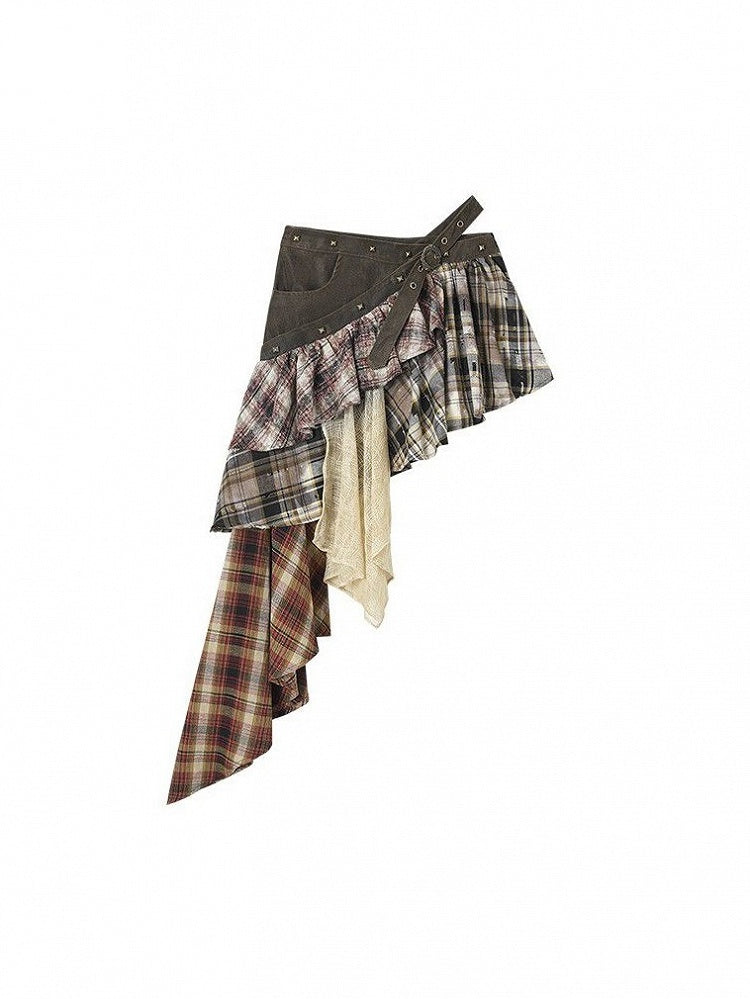 Patchwork Skirt Green with Studded Punk Belt Plaid Military Denim