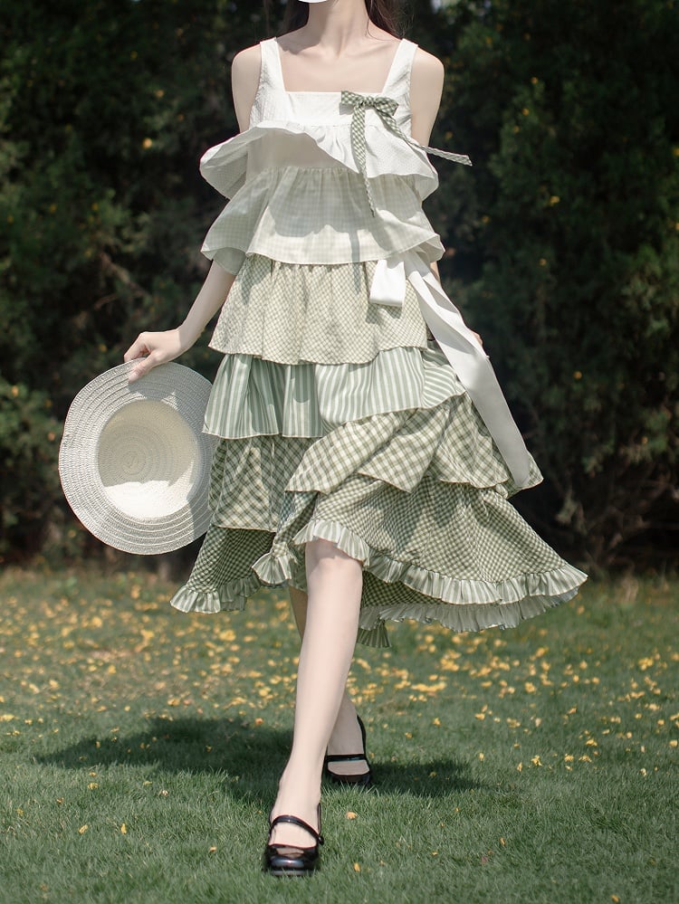 Rüschen gestuft mit Mori Kei Grün Patchwork Ärmelloses Kleid