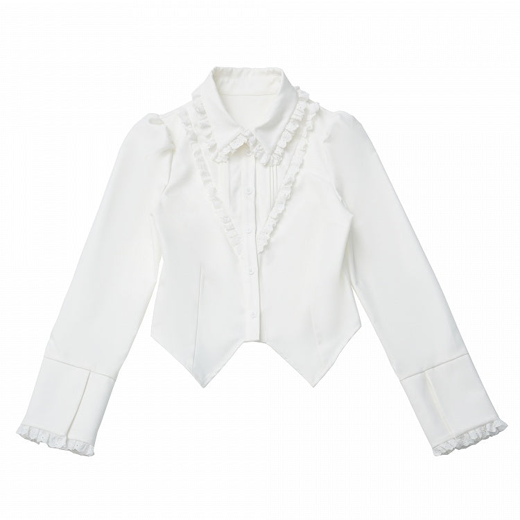 - Shirt Ruffled Preppy Trim Lace Chic Waist-Tailored with White