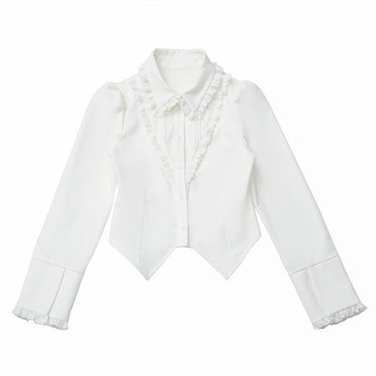 - Shirt Ruffled Preppy Trim Lace Chic Waist-Tailored with White